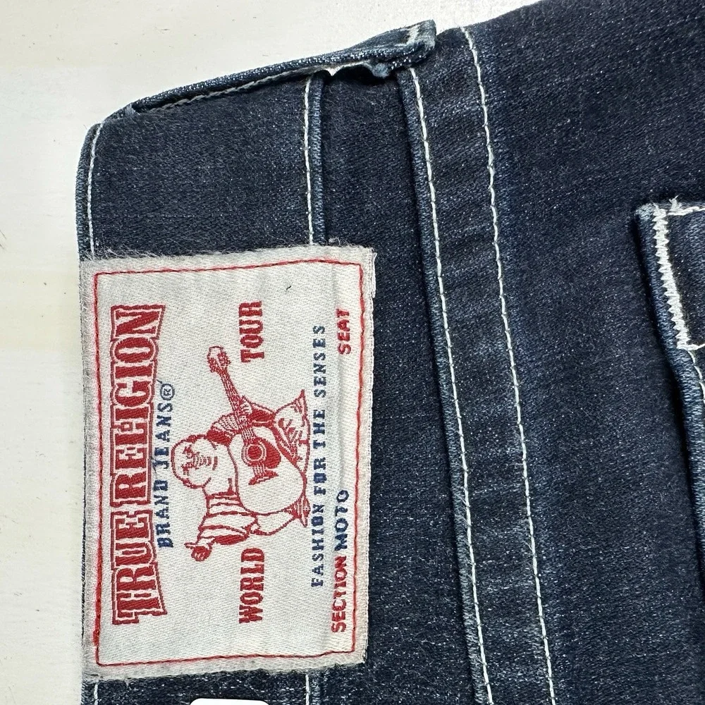 EUC True‎ Religion Men's Tag 38 Dark Blue Moto Stretch Jeans 42x34 Thick Stitch